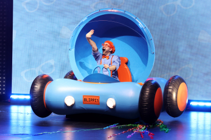 NASHVILLE, TENNESSEE - MARCH 31: Blippi performs on stage during Blippi: The Wonderful World tour at Andrew Jackson Hall in the Tennessee Performing Arts Center on March 31, 2023 in Nashville, Tennessee. (Photo by Leah Puttkammer/Getty Images for Round Room Live)