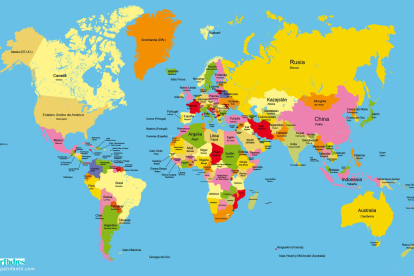 Mapamundi político con nombres de países y capitales para imprimir