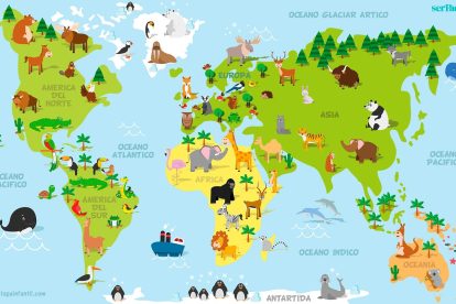 Mapa de los animales representativos de cada continente para imprimir