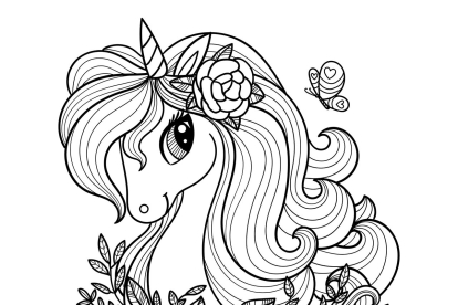 Dibujo de unicornio con rosas para imprimir y colorear