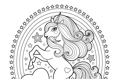 Dibujo de unicornio sobre nubes y estrellas para imprimir y colorear