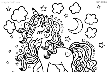 Dibujo de unicornio sobre un arcoíris y un halo de estrellas para imprimir y colorear