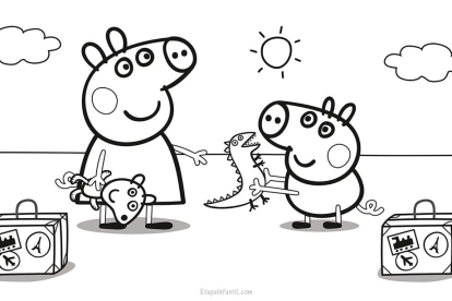 Dibujo de Peppa Pig y George de vacaciones para imprimir y colorear