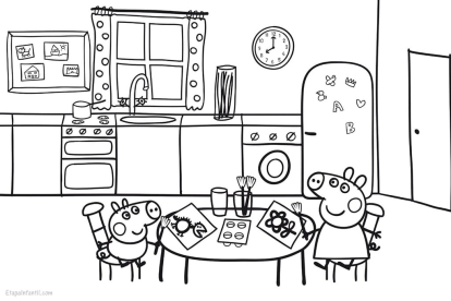 Dibujo de Peppa Pig y George dibujando en la cocina para imprimir y colorear