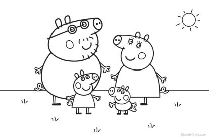 Dibujo de la familia Pig: Pappa, Mamá, Peppa y George para imprimir y colorear