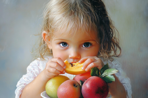 Una niña comiendo fruta