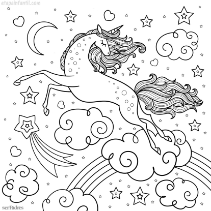 Dibujo de unicornio volando entre las nubes para imprimir y colorear