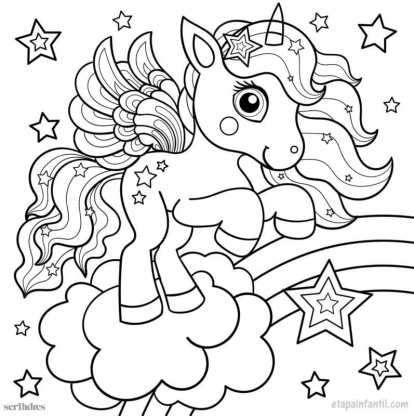 Dibujo de unicornio con alas sobre un arcoíris para imprimir y colorear