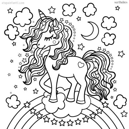 Dibujo de unicornio sobre un arcoíris y un halo de estrellas para imprimir y colorear